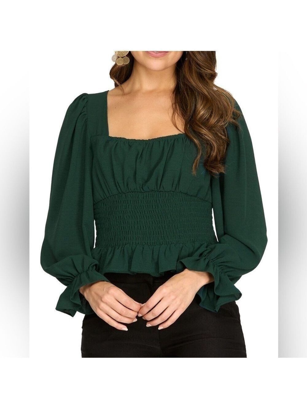 She & Sky Square Neck Ruched Bust Smocked Waist Puff Sleeve Hunter Green Top